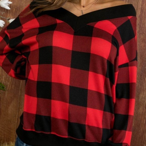 Squared Up Buffalo Plaid V Neck Knit Top - Picture 8 of 12